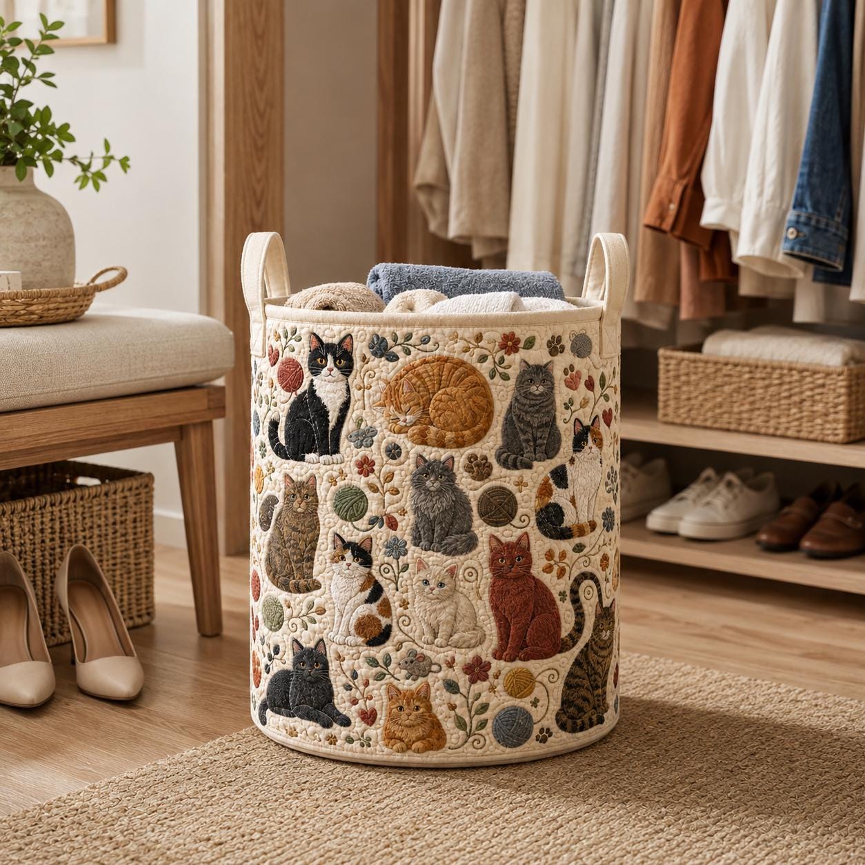 Cute Kitty and Cat Quilt Style Laundry Hamper Storage Basket, Yarn Floral Clothes Bin and Cat Lover Home Decor - photo 6