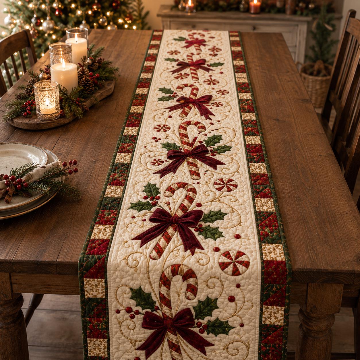 Christmas Candy Cane Table Runner with Quilted Holiday Decor and Red Green Farmhouse Festive Dining Centerpiece
