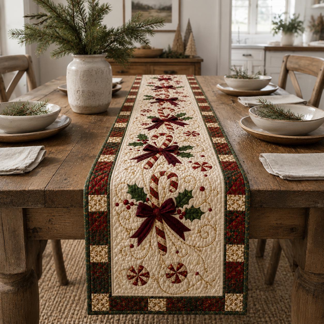 Christmas Candy Cane Table Runner with Quilted Holiday Decor and Red Green Farmhouse Festive Dining Centerpiece - photo 2