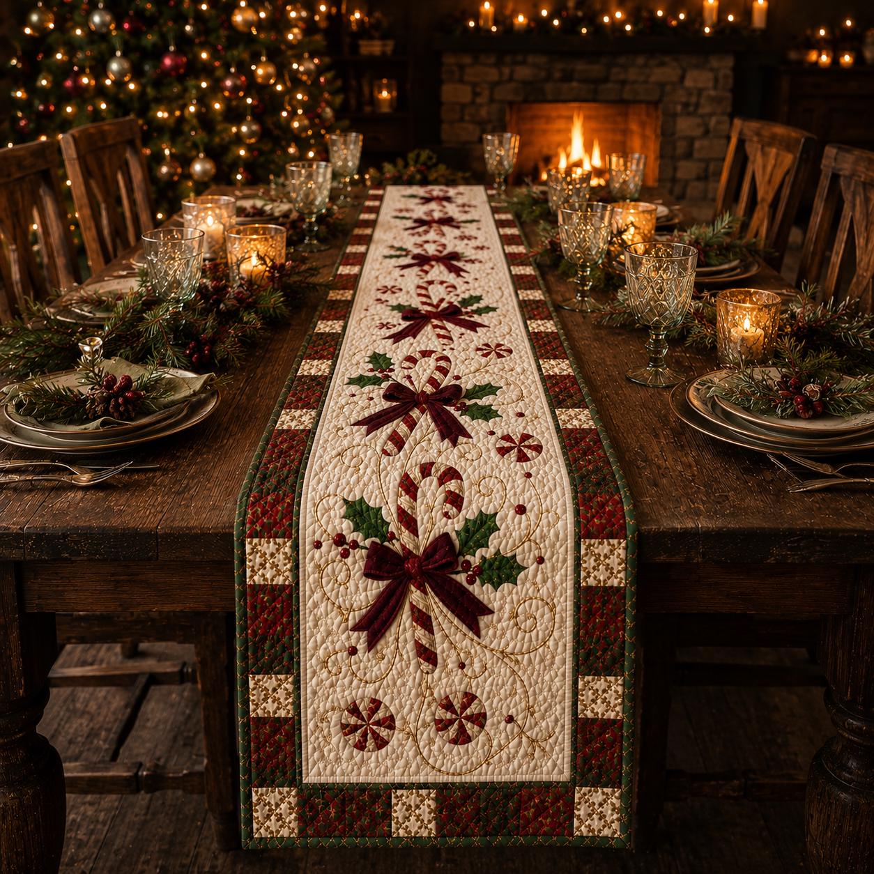 Christmas Candy Cane Table Runner with Quilted Holiday Decor and Red Green Farmhouse Festive Dining Centerpiece - photo 3