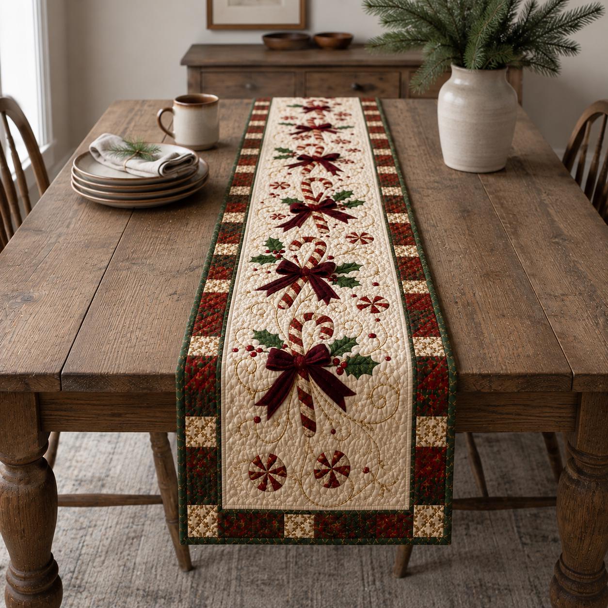 Christmas Candy Cane Table Runner with Quilted Holiday Decor and Red Green Farmhouse Festive Dining Centerpiece - photo 5