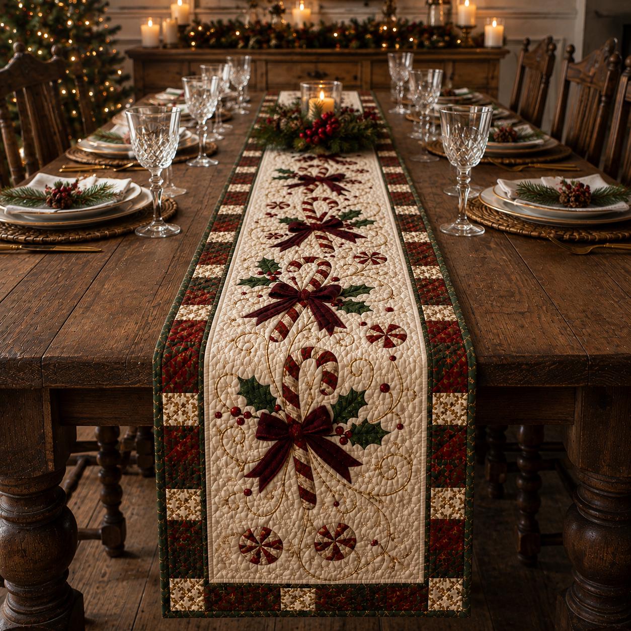 Christmas Candy Cane Table Runner with Quilted Holiday Decor and Red Green Farmhouse Festive Dining Centerpiece - photo 6