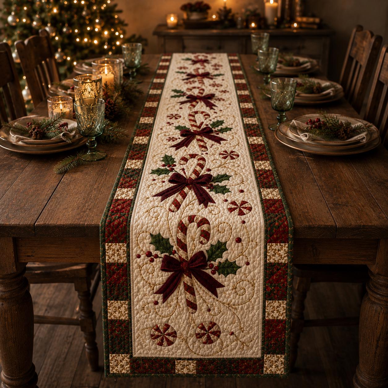 Christmas Candy Cane Table Runner with Quilted Holiday Decor and Red Green Farmhouse Festive Dining Centerpiece - photo 7
