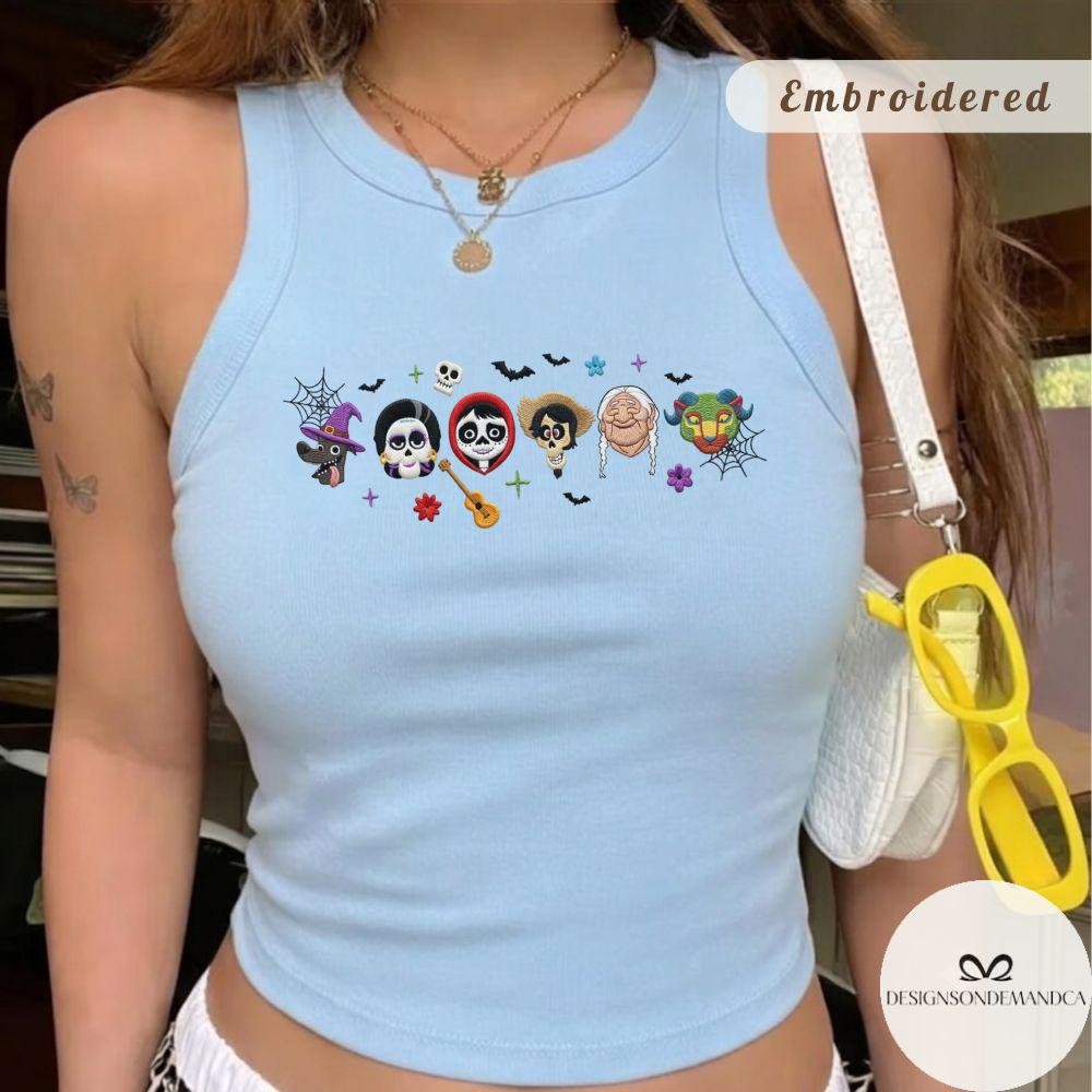 Embroidered Un Poco Loco Disney Coco Shirt – Dia de los Muertos Mexican Disney Halloween Baby Tee and Lace Trim Tank