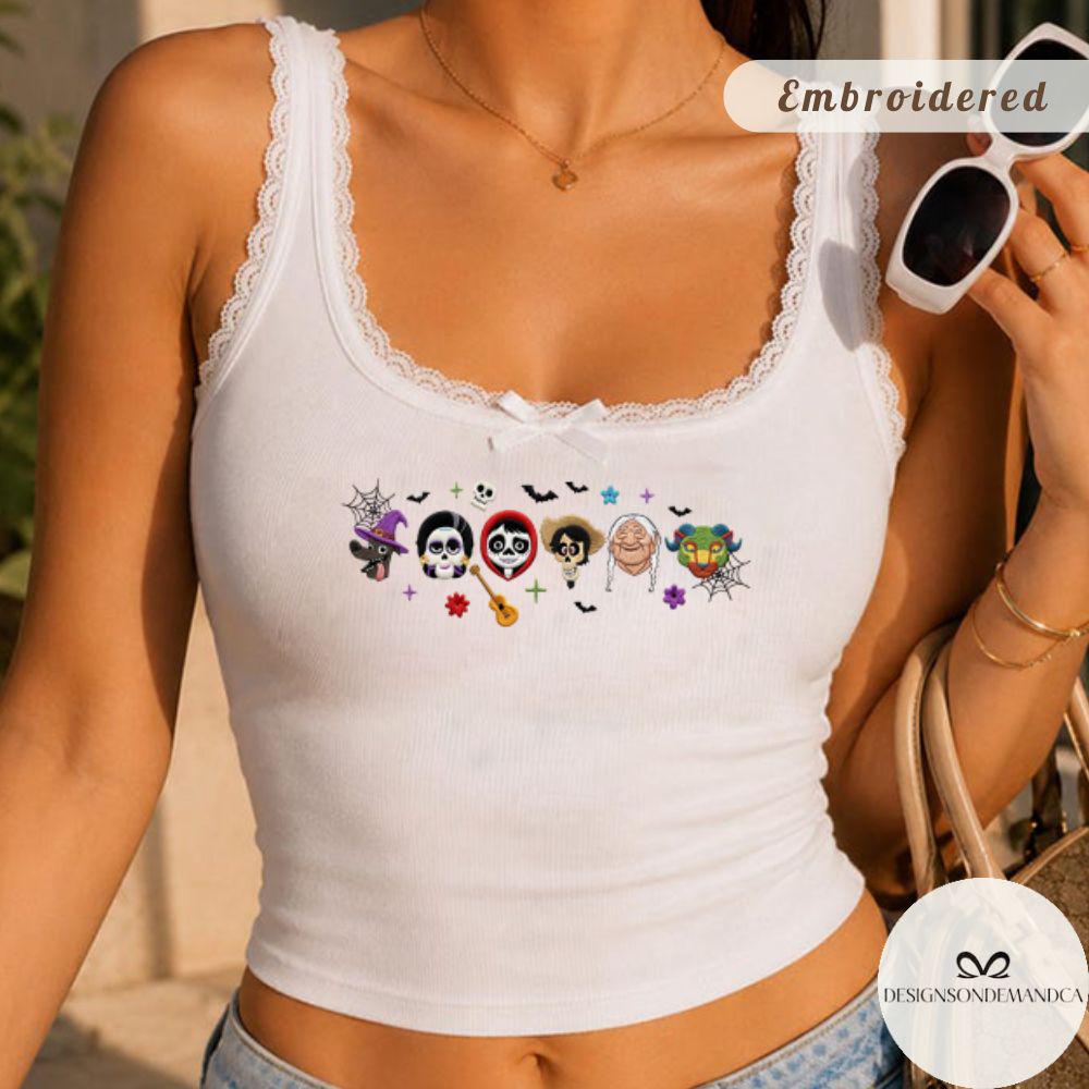 Embroidered Un Poco Loco Disney Coco Shirt – Dia de los Muertos Mexican Disney Halloween Baby Tee and Lace Trim Tank - photo 3