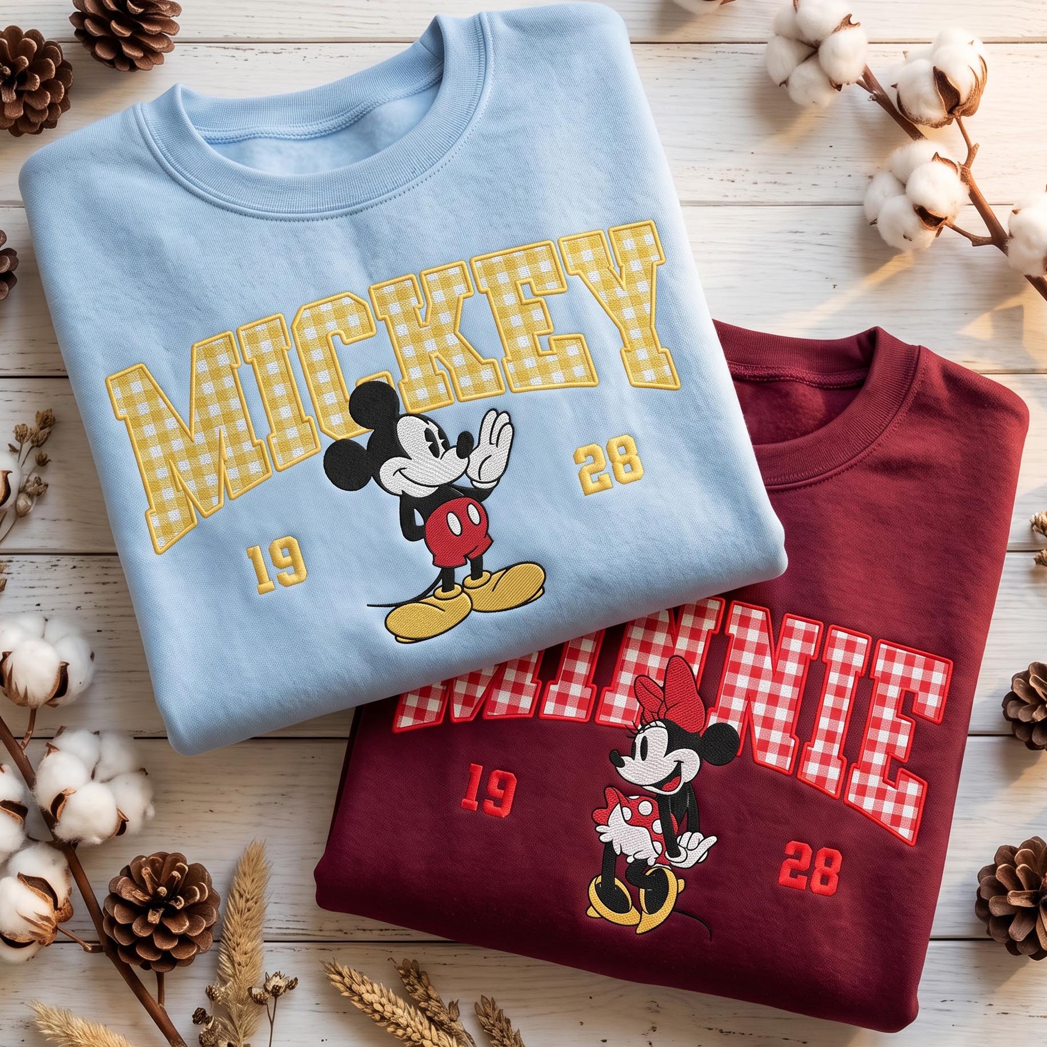 Embroidered Mickey and Minnie Sweatshirt – Vintage Disney Couple Shirt With Custom Gingham Embroidered Hoodie for Matching Trip Tee