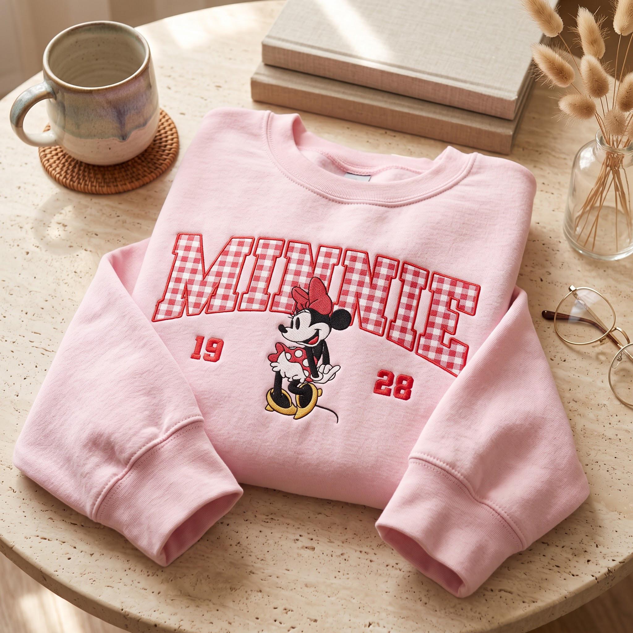 Embroidered Mickey and Minnie Sweatshirt – Vintage Disney Couple Shirt With Custom Gingham Embroidered Hoodie for Matching Trip Tee - photo 2