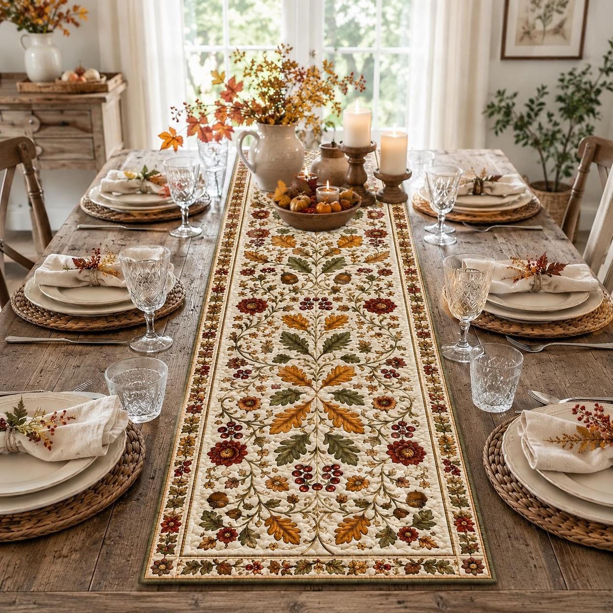 Autumn Oak Leaf Acorn Fall Style Table Runner, Farmhouse Harvest Dining Table Centerpiece and Thanksgiving Decor