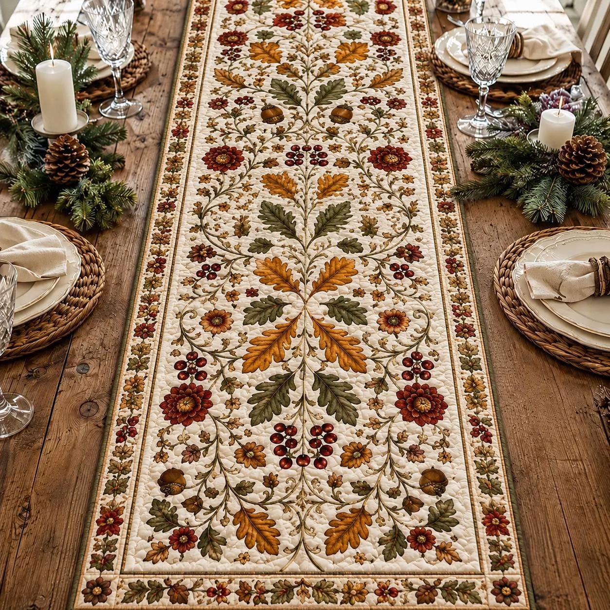 Autumn Oak Leaf Acorn Fall Style Table Runner, Farmhouse Harvest Dining Table Centerpiece and Thanksgiving Decor - photo 2