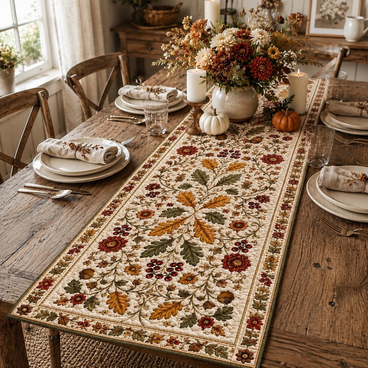 Autumn Oak Leaf Acorn Fall Style Table Runner, Farmhouse Harvest Dining Table Centerpiece and Thanksgiving Decor - photo 3