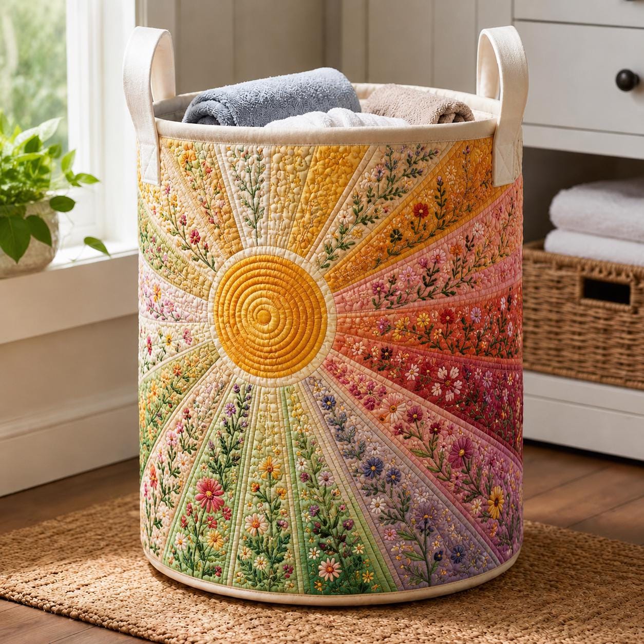 Sunburst Floral Wildflower Quilt Style Laundry Hamper Storage Basket, Boho Clothes Bin and Sunshine Nursery Decor Home Organizer