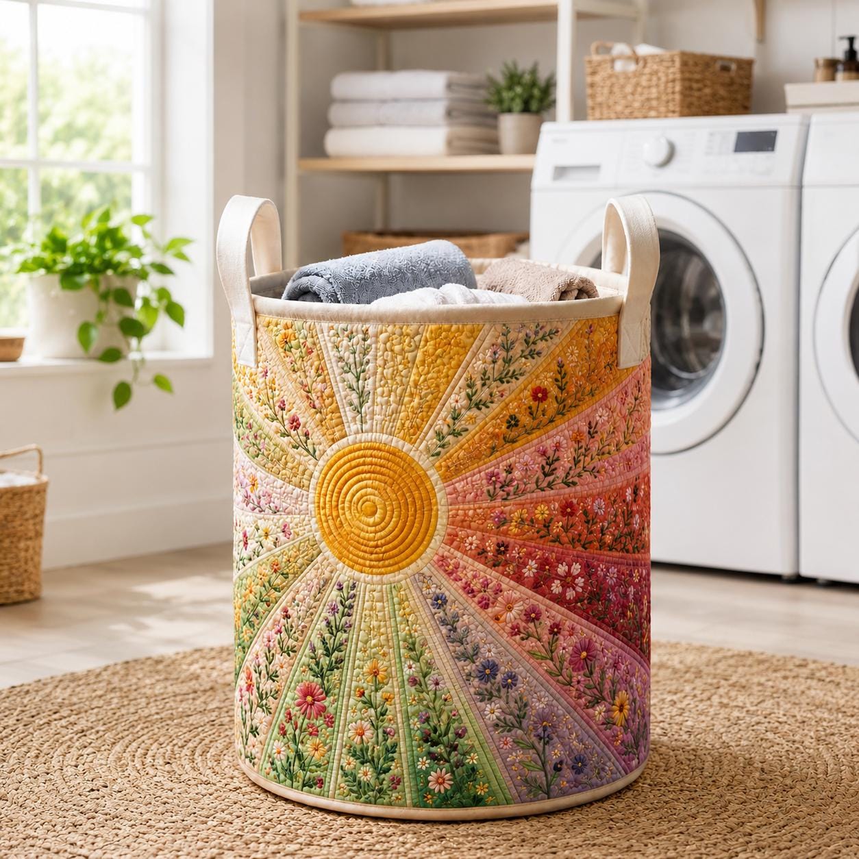 Sunburst Floral Wildflower Quilt Style Laundry Hamper Storage Basket, Boho Clothes Bin and Sunshine Nursery Decor Home Organizer - photo 2