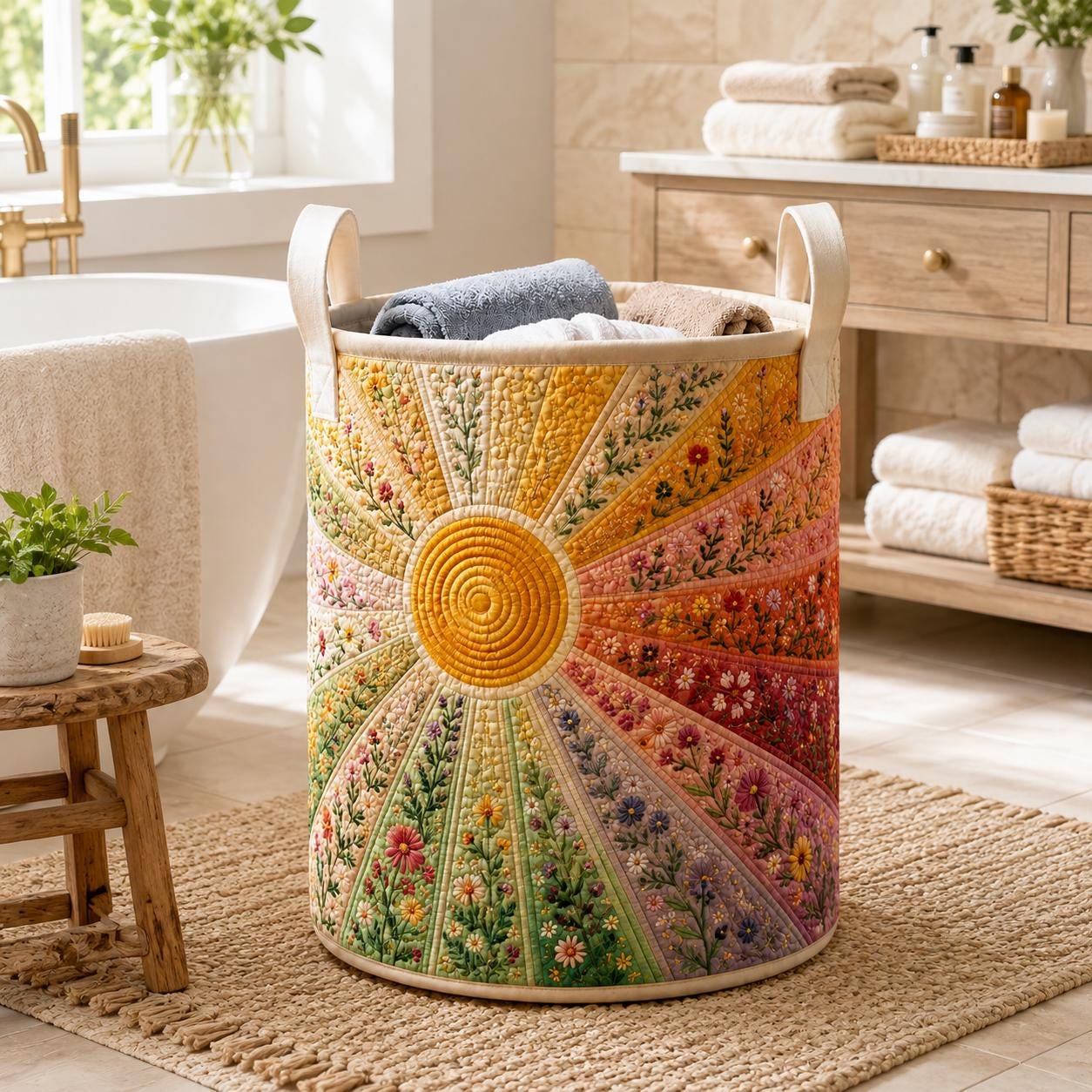 Sunburst Floral Wildflower Quilt Style Laundry Hamper Storage Basket, Boho Clothes Bin and Sunshine Nursery Decor Home Organizer - photo 3