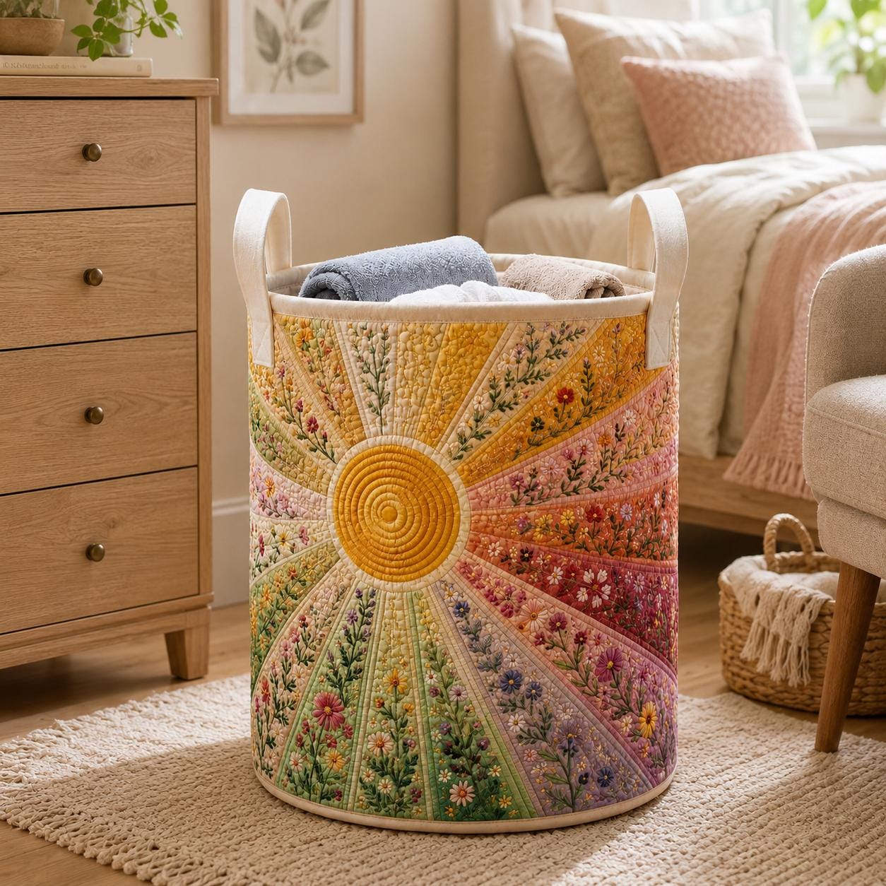 Sunburst Floral Wildflower Quilt Style Laundry Hamper Storage Basket, Boho Clothes Bin and Sunshine Nursery Decor Home Organizer - photo 5