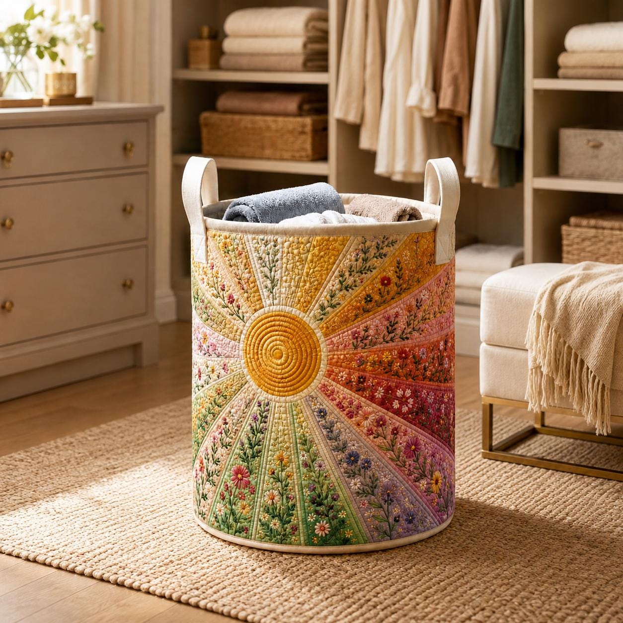 Sunburst Floral Wildflower Quilt Style Laundry Hamper Storage Basket, Boho Clothes Bin and Sunshine Nursery Decor Home Organizer - photo 6