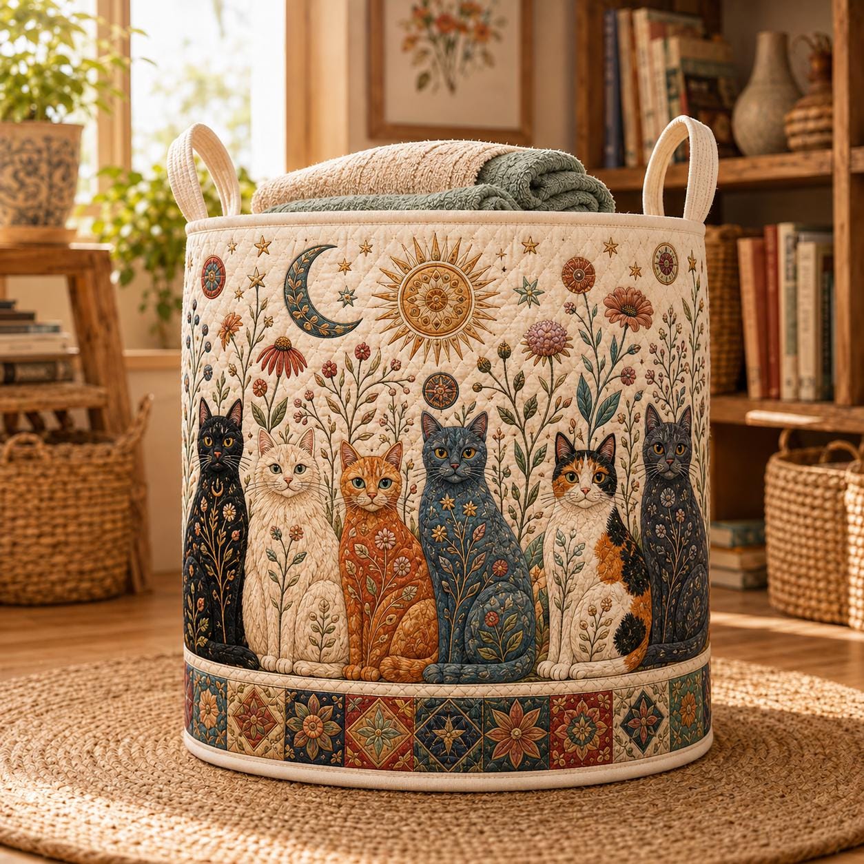 Celestial Folk Art Kitty Cat Laundry Hamper Storage Basket, Sun Moon Floral Clothes Bin and Boho Cat Lover Decor Nursery Organizer
