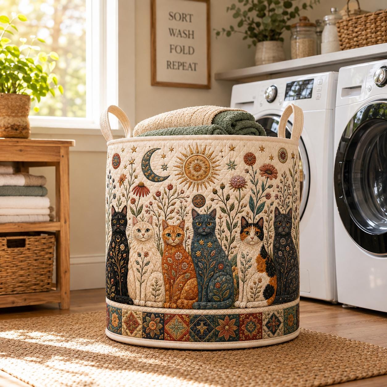 Celestial Folk Art Kitty Cat Laundry Hamper Storage Basket, Sun Moon Floral Clothes Bin and Boho Cat Lover Decor Nursery Organizer - photo 2