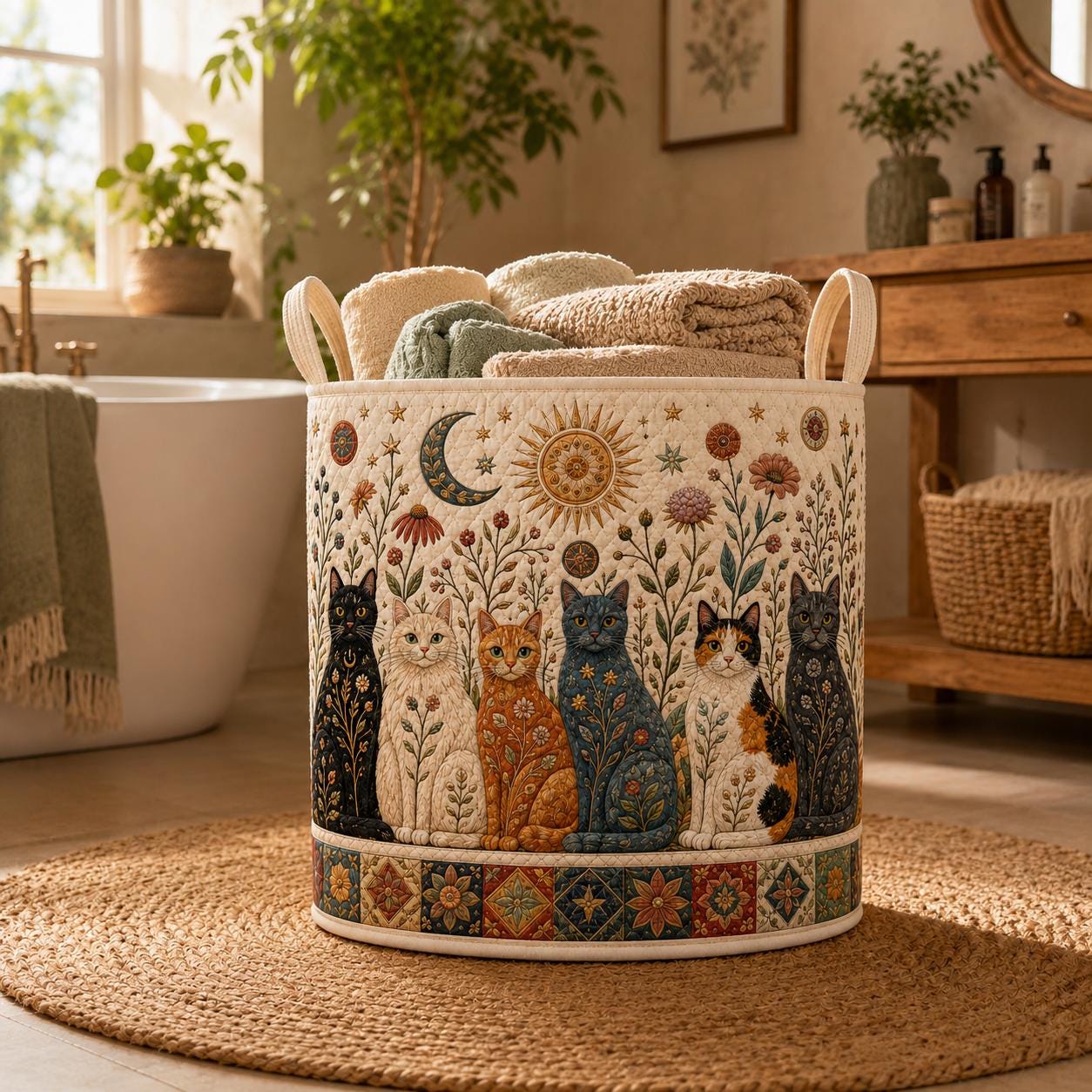 Celestial Folk Art Kitty Cat Laundry Hamper Storage Basket, Sun Moon Floral Clothes Bin and Boho Cat Lover Decor Nursery Organizer - photo 4