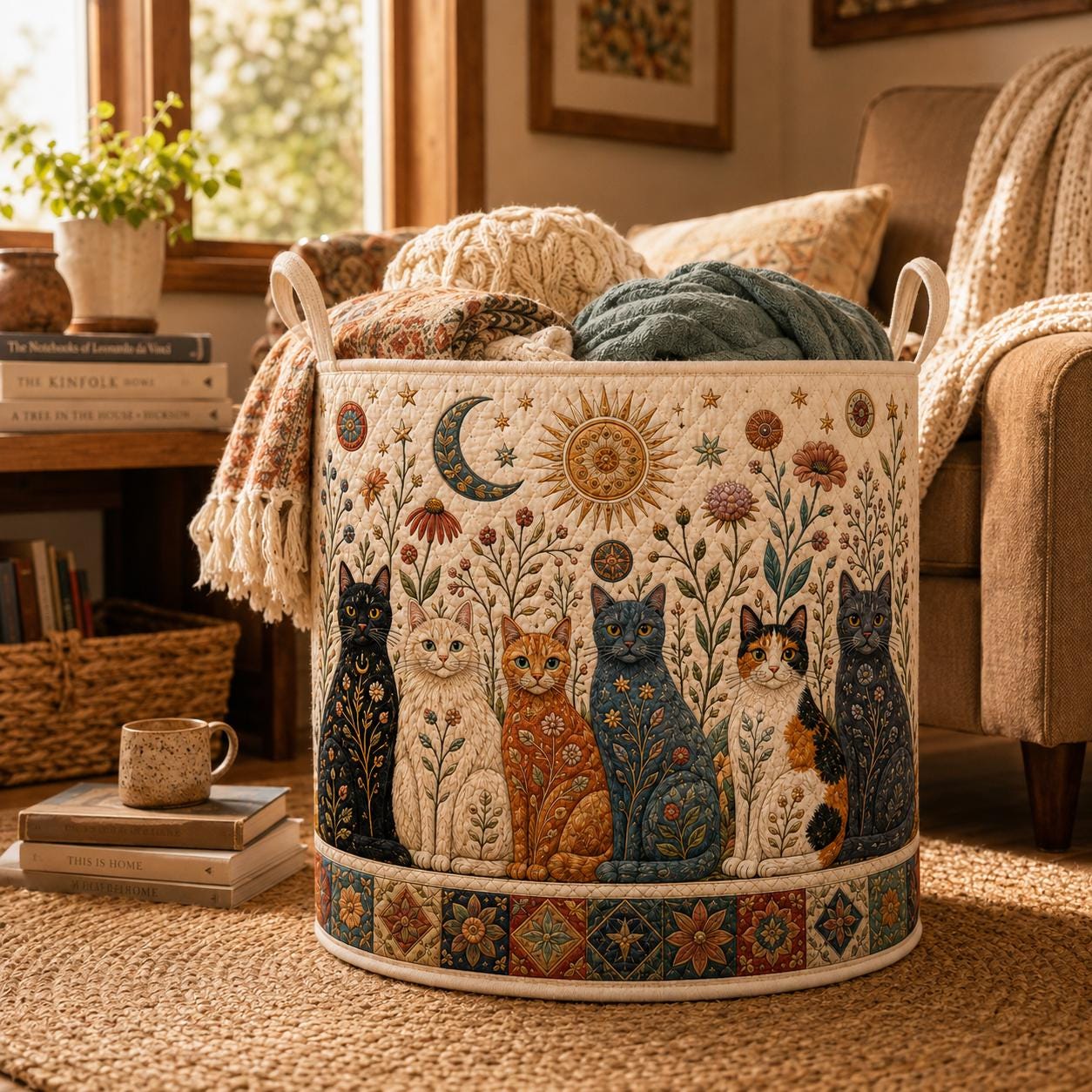Celestial Folk Art Kitty Cat Laundry Hamper Storage Basket, Sun Moon Floral Clothes Bin and Boho Cat Lover Decor Nursery Organizer - photo 5