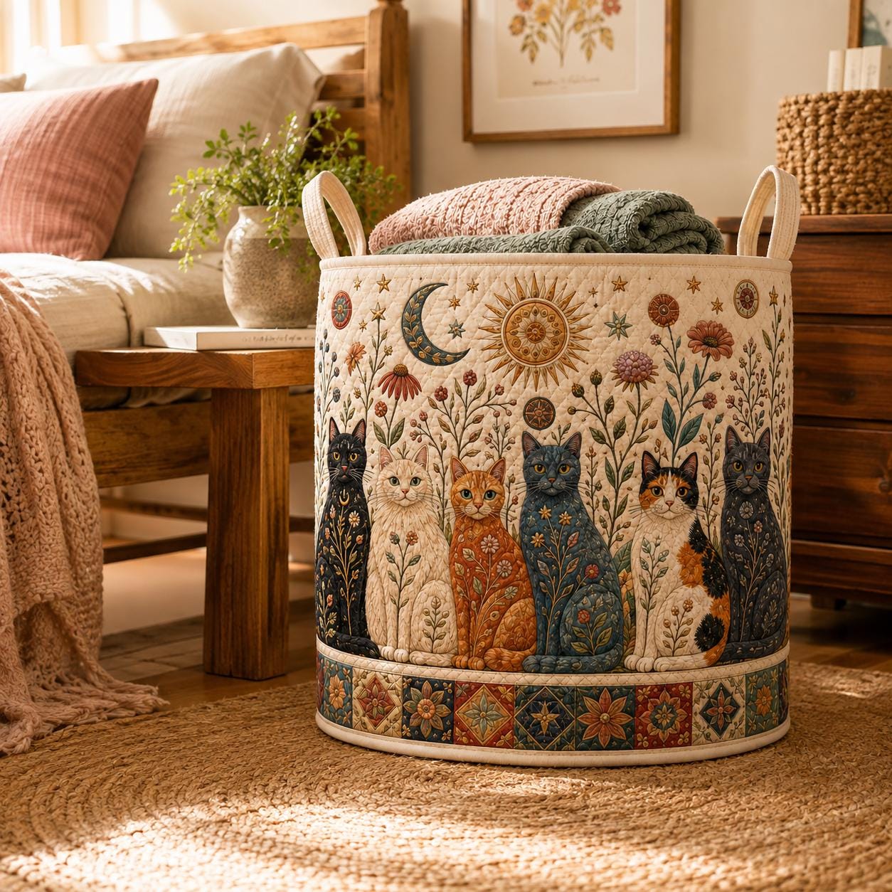 Celestial Folk Art Kitty Cat Laundry Hamper Storage Basket, Sun Moon Floral Clothes Bin and Boho Cat Lover Decor Nursery Organizer - photo 6