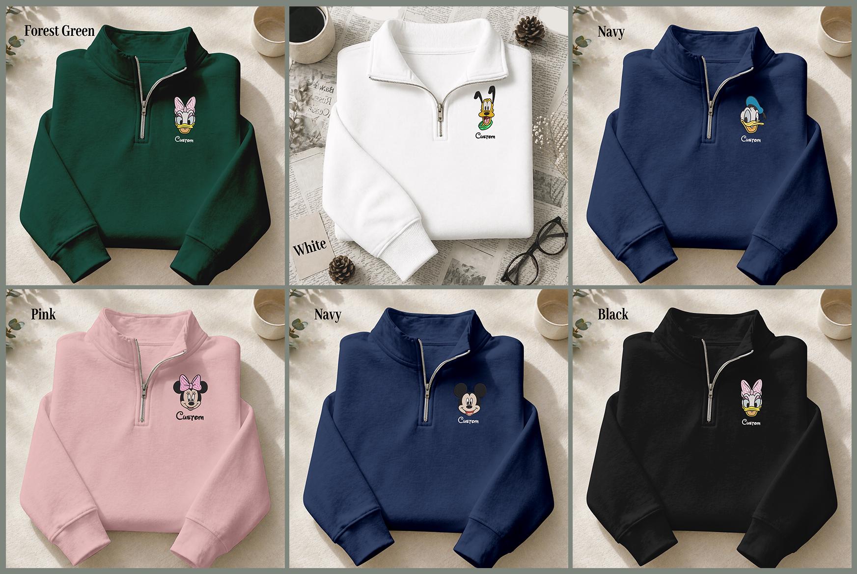 Mickey and Friends Embroidery Quarter Zip Sweatshirt – Embroidered Disney Trip Shirt for Disney World Vacation Matching Outfits