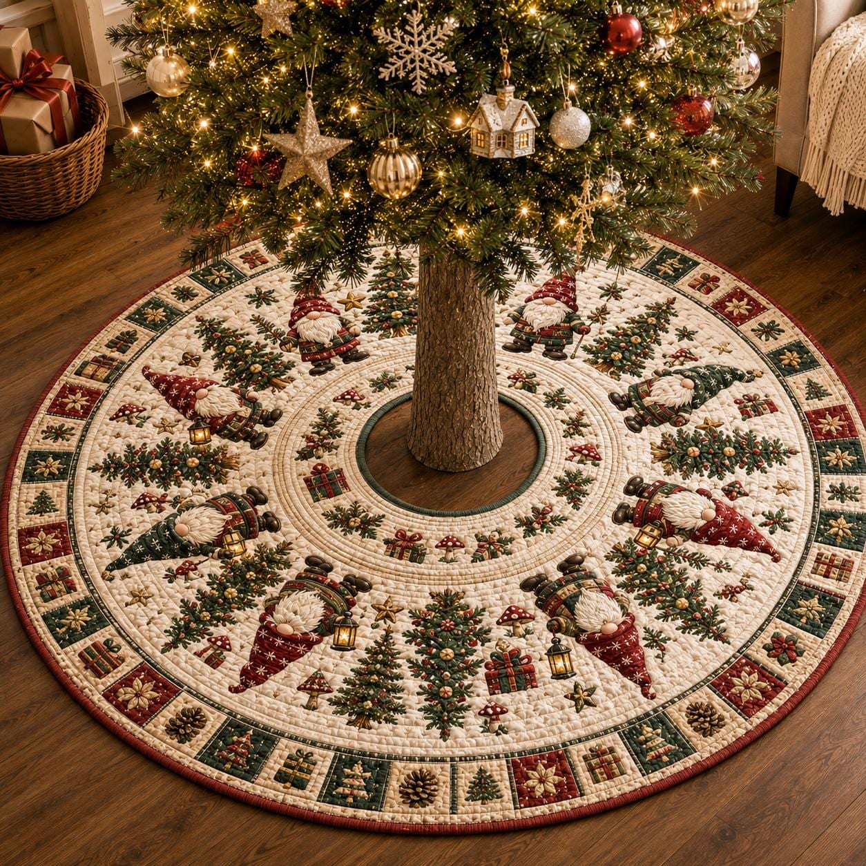 Christmas Gnome Tree Skirt with Quilted Xmas Nordic Holiday Mat and Red Green Farmhouse Tree Decor