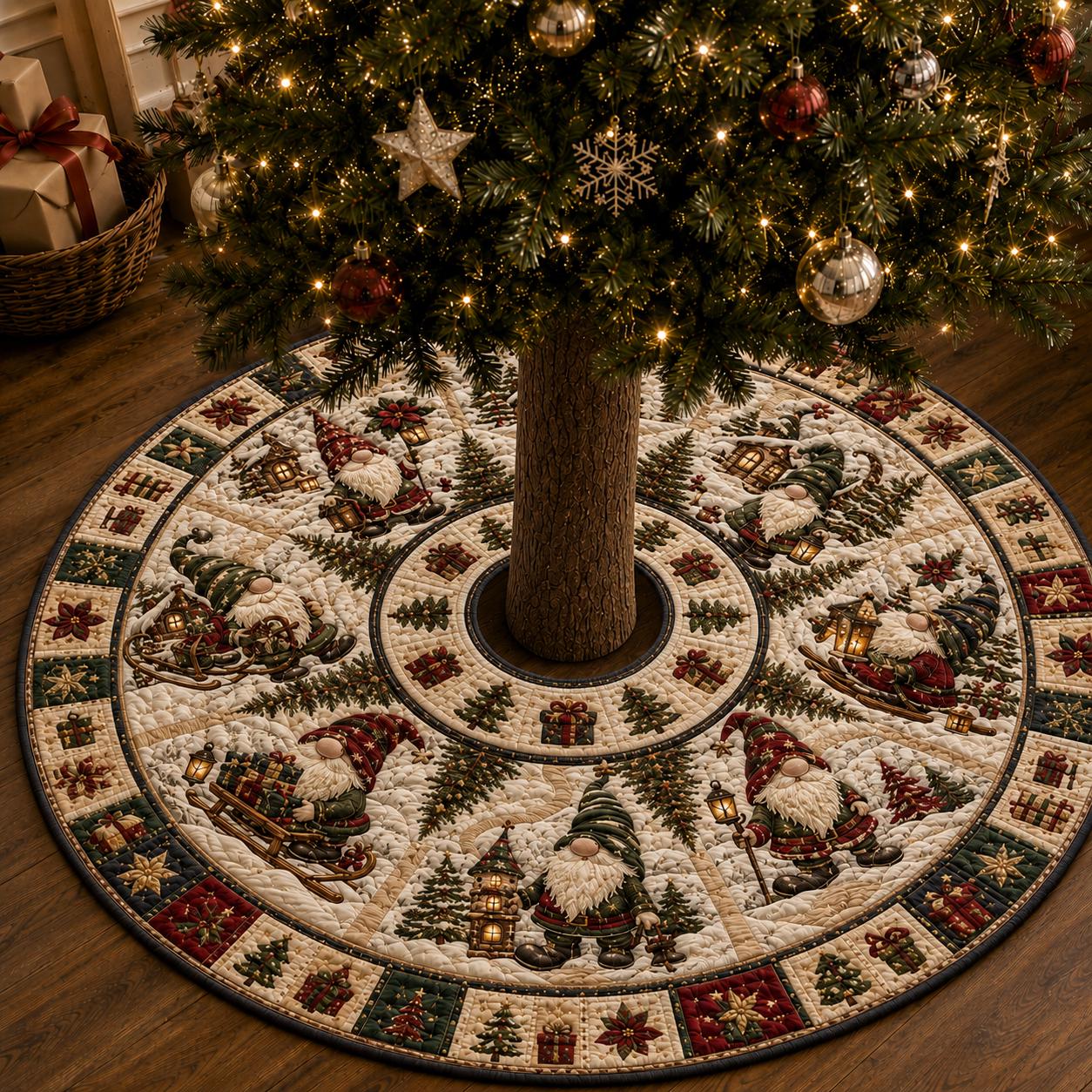 Christmas Gnome Tree Skirt with Quilted Xmas Nordic Holiday Mat and Red Green Farmhouse Tree Decor - photo 2