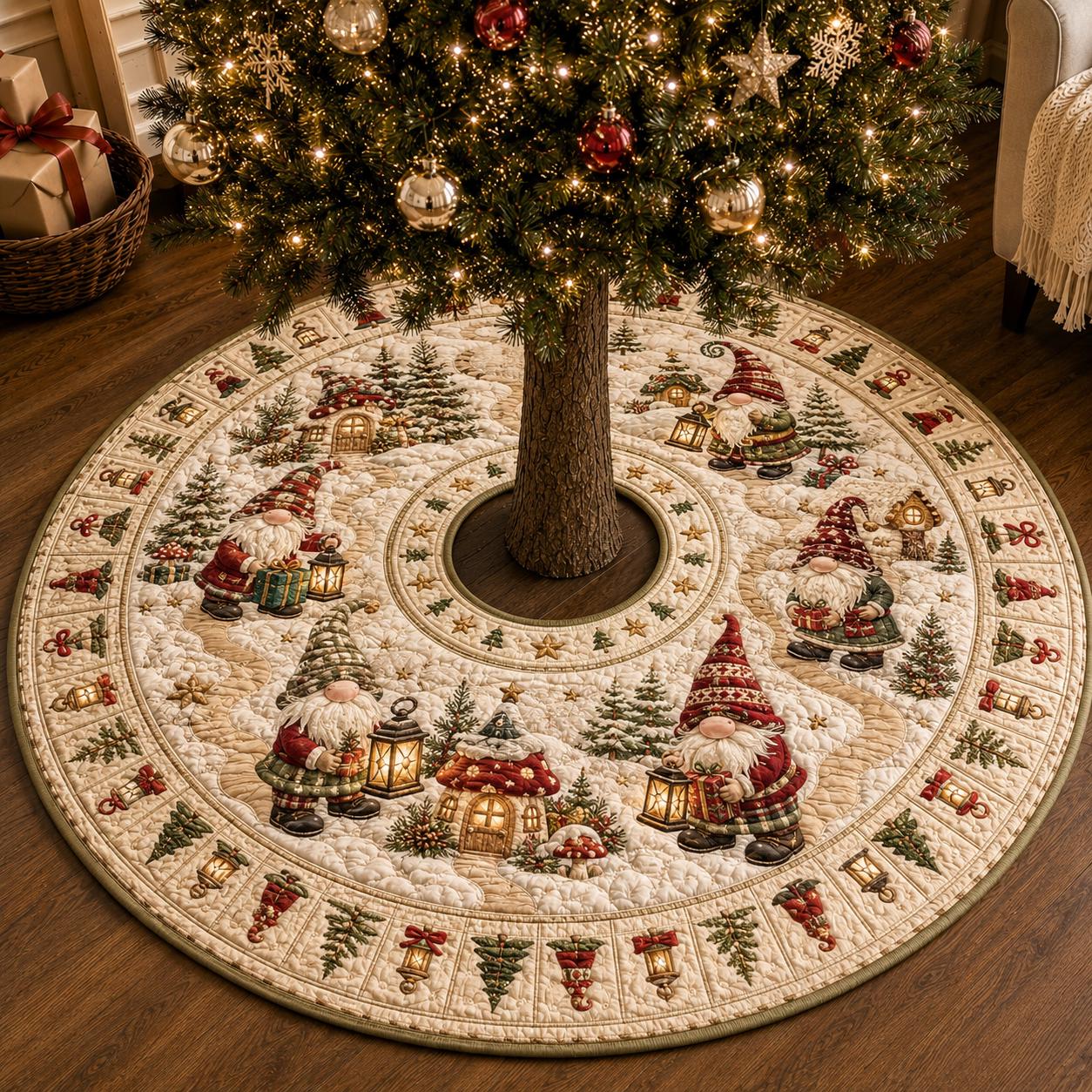 Christmas Gnome Tree Skirt with Quilted Xmas Nordic Holiday Mat and Red Green Farmhouse Tree Decor - photo 3
