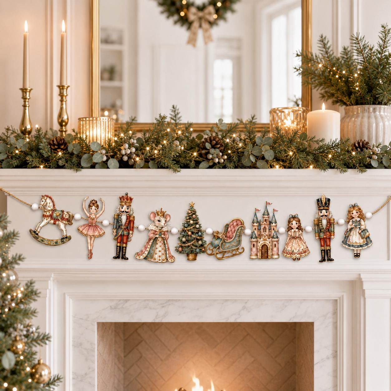 Garland Wooden Nutcracker with Vintage Christmas Mantel Banner for Ballet Storybook Holiday Decor and Whimsical Festive Wall Hanging for Home