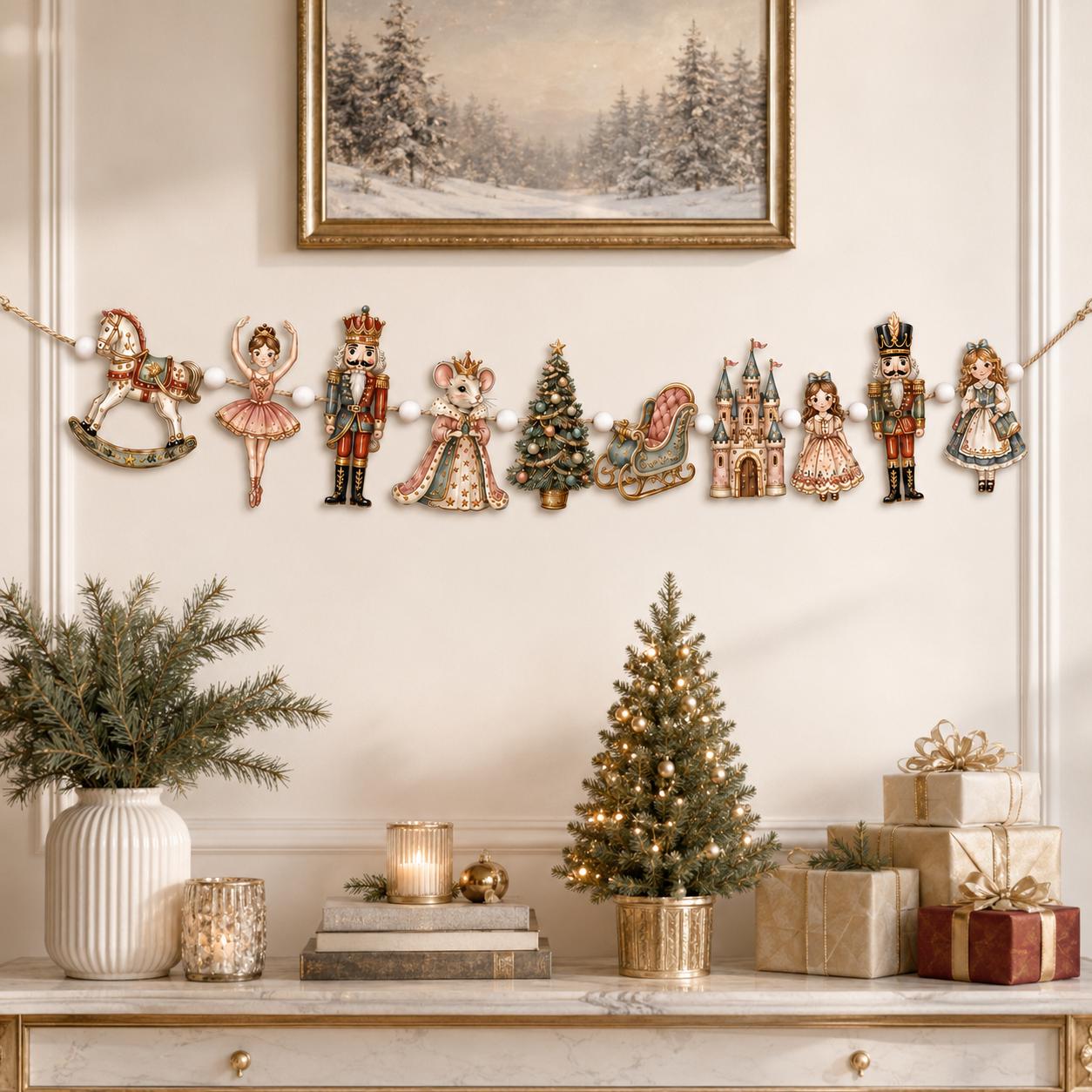 Garland Wooden Nutcracker with Vintage Christmas Mantel Banner for Ballet Storybook Holiday Decor and Whimsical Festive Wall Hanging for Home - photo 3