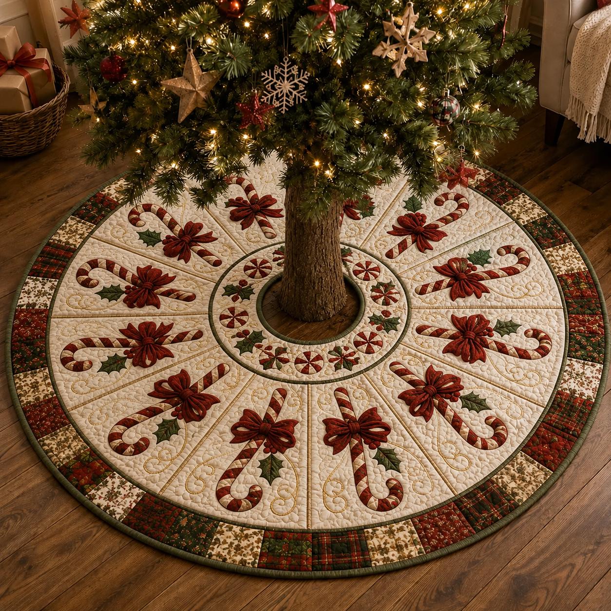 Candy Cane Christmas Tree Skirt with Red Bow and Quilt Style Xmas Mat for Farmhouse Holiday Decor