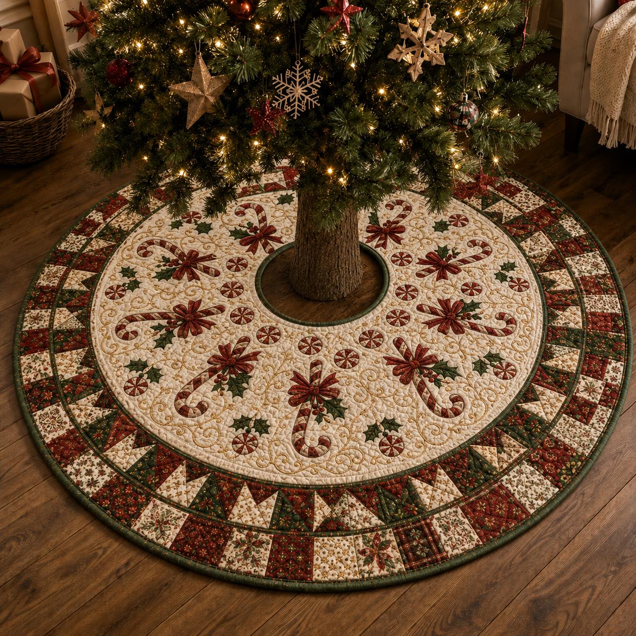 Candy Cane Christmas Tree Skirt with Red Bow and Quilt Style Xmas Mat for Farmhouse Holiday Decor - photo 2