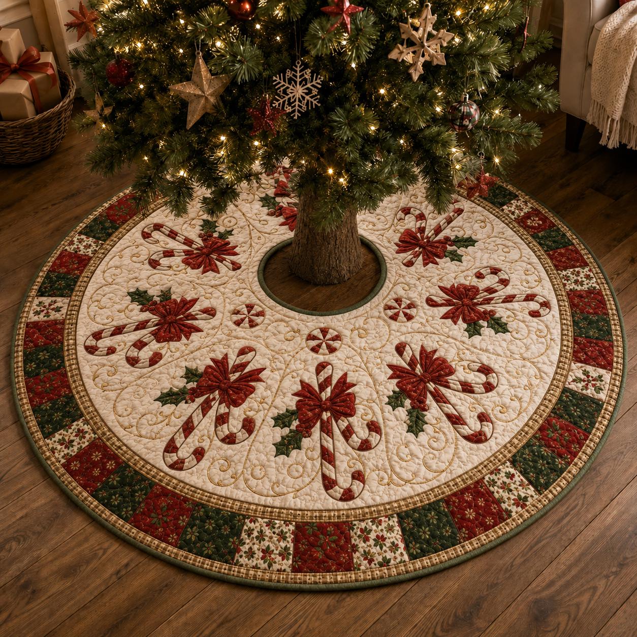 Candy Cane Christmas Tree Skirt with Red Bow and Quilt Style Xmas Mat for Farmhouse Holiday Decor - photo 3