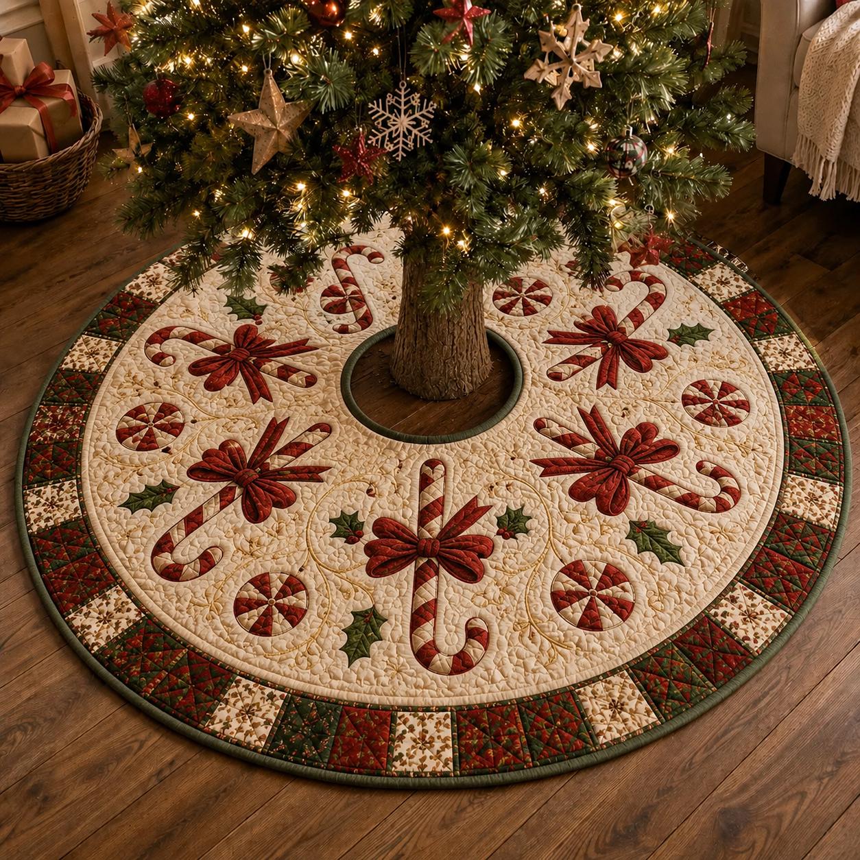 Candy Cane Christmas Tree Skirt with Red Bow and Quilt Style Xmas Mat for Farmhouse Holiday Decor - photo 4