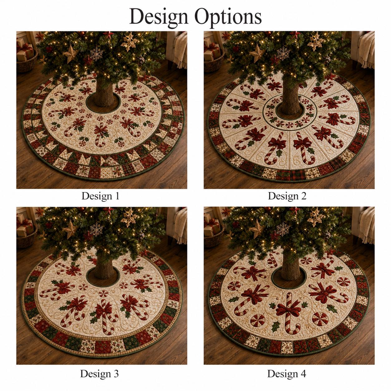 Candy Cane Christmas Tree Skirt with Red Bow and Quilt Style Xmas Mat for Farmhouse Holiday Decor - photo 5