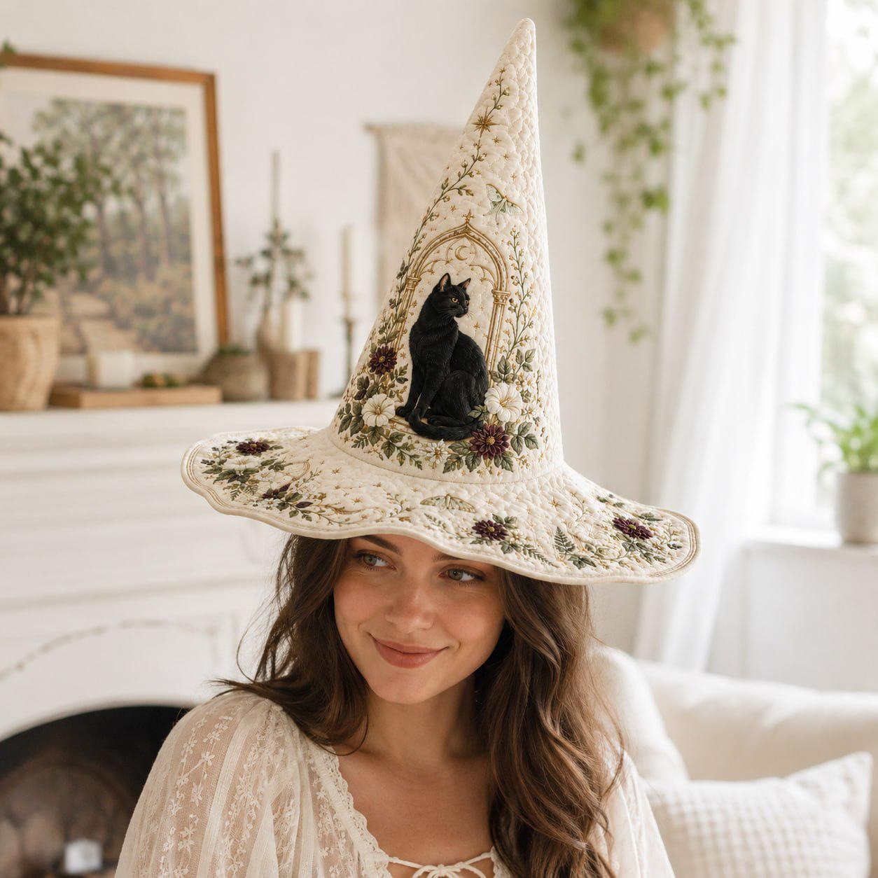 Quilted Witch Hat with Floral Dragonfly Cottagecore Halloween Design and Embroidered Moon Garden Decor