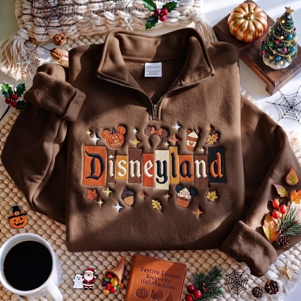Embroidered Magic Castle Fall Quarter Zip Sweatshirt – Disney Pumpkin Crewneck and Magical Land WDW 1955 Disneyland Halloween Sweater - photo 2