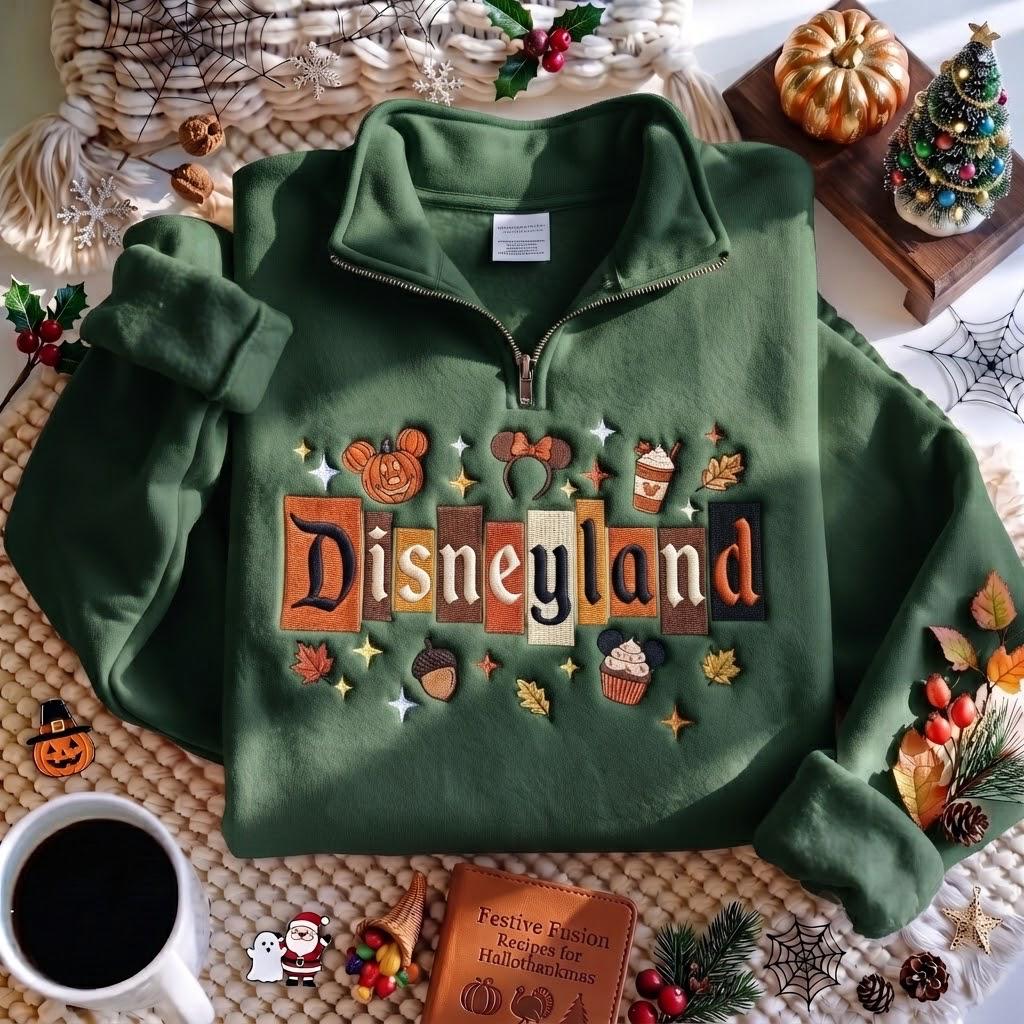 Embroidered Magic Castle Fall Quarter Zip Sweatshirt – Disney Pumpkin Crewneck and Magical Land WDW 1955 Disneyland Halloween Sweater - photo 3