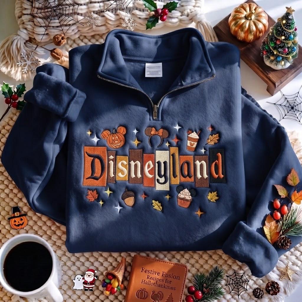 Embroidered Magic Castle Fall Quarter Zip Sweatshirt – Disney Pumpkin Crewneck and Magical Land WDW 1955 Disneyland Halloween Sweater - photo 4