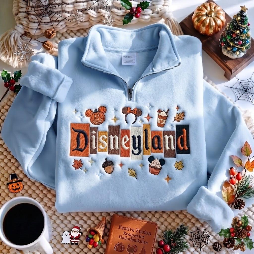 Embroidered Magic Castle Fall Quarter Zip Sweatshirt – Disney Pumpkin Crewneck and Magical Land WDW 1955 Disneyland Halloween Sweater - photo 5