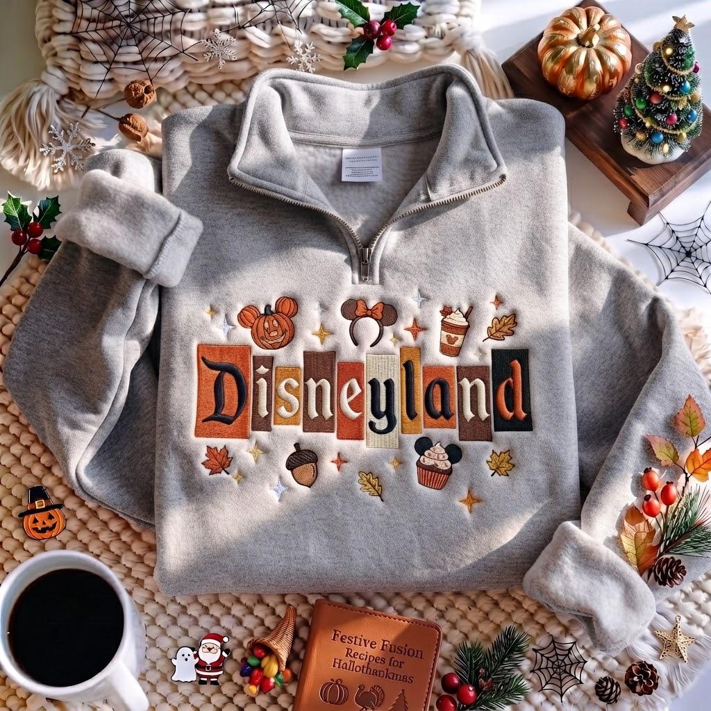 Embroidered Magic Castle Fall Quarter Zip Sweatshirt – Disney Pumpkin Crewneck and Magical Land WDW 1955 Disneyland Halloween Sweater - photo 6
