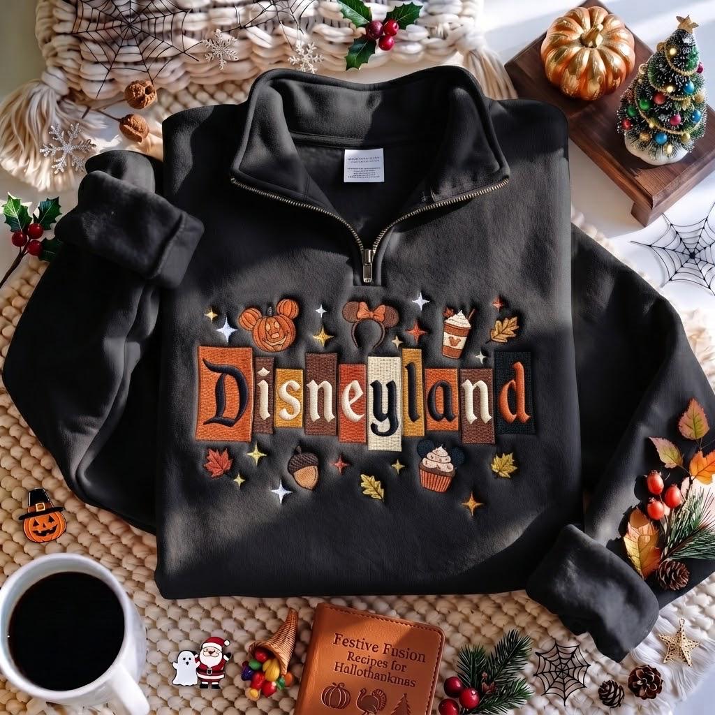 Embroidered Magic Castle Fall Quarter Zip Sweatshirt – Disney Pumpkin Crewneck and Magical Land WDW 1955 Disneyland Halloween Sweater - photo 8
