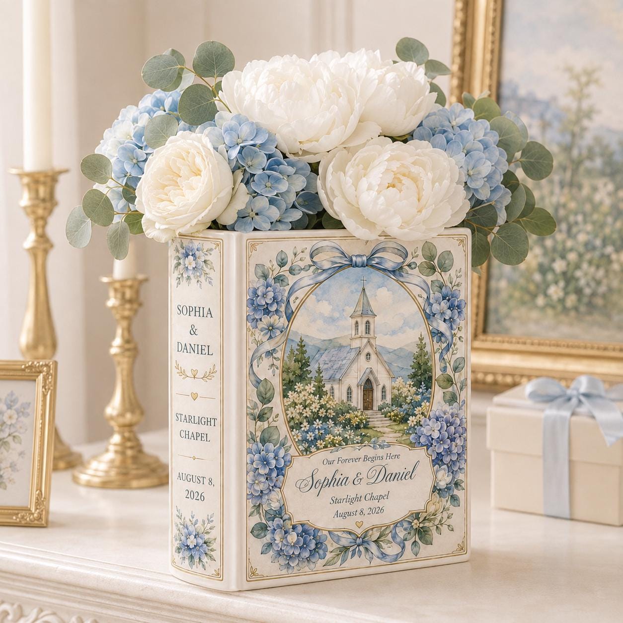 Personalized Ceramic Wedding Book Vase with Custom Couple Name, Pink Rose Bridal Shower Gift and Romantic Keepsake Decor