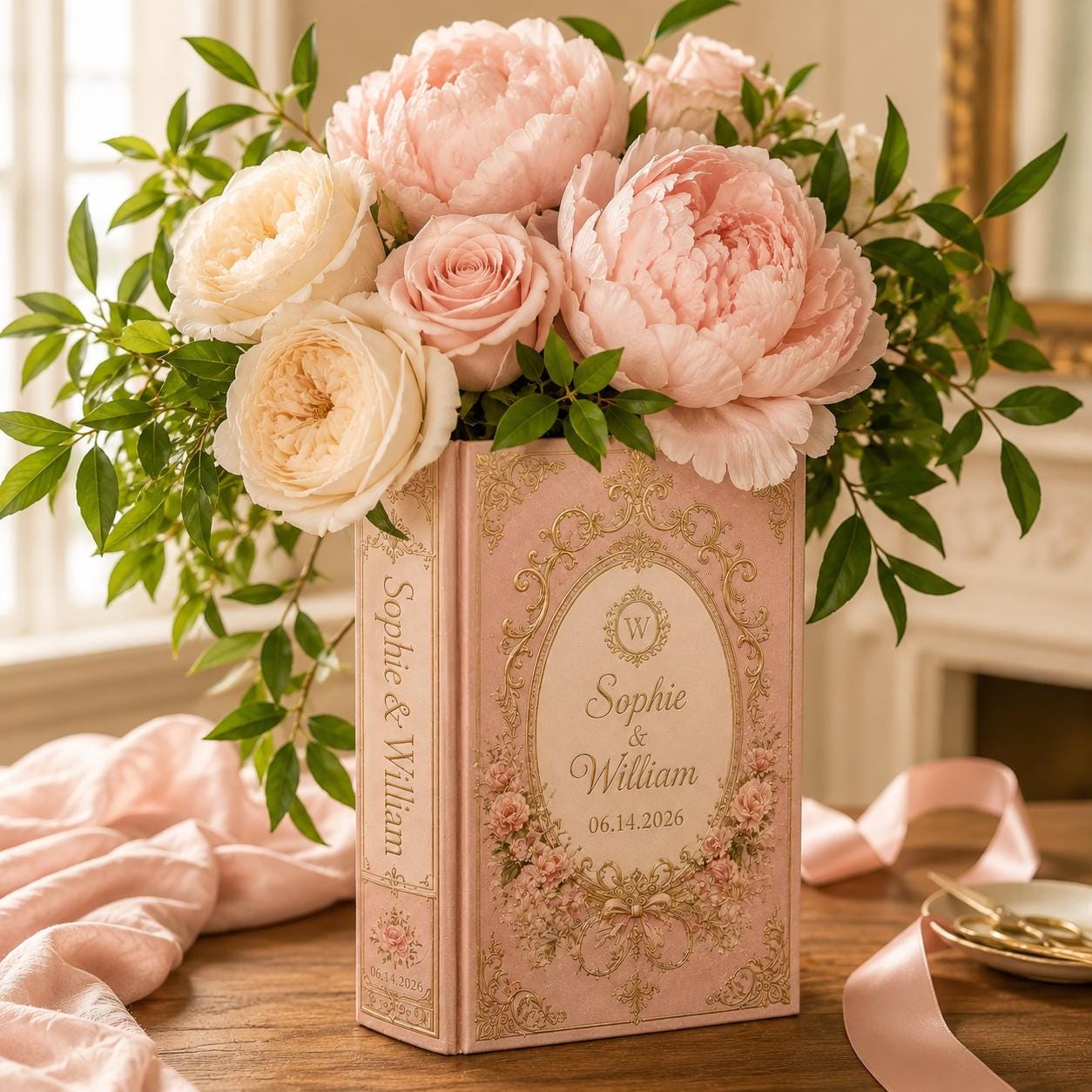 Personalized Vintage Ceramic Wedding Book Vase with Custom Couple Name, Emerald Green Floral Bridal Shower Gift and Keepsake Decor