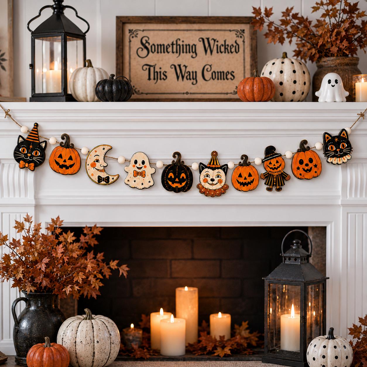 Retro Halloween Faces Wooden Garland with Black Cat Pumpkin Ghost Clown Scarecrow Banner for Vintage Spooky Mantel and Wall Hanging Home Decor