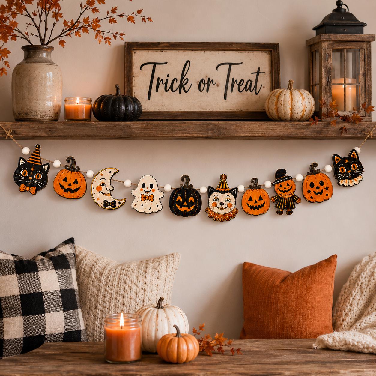 Retro Halloween Faces Wooden Garland with Black Cat Pumpkin Ghost Clown Scarecrow Banner for Vintage Spooky Mantel and Wall Hanging Home Decor - photo 2