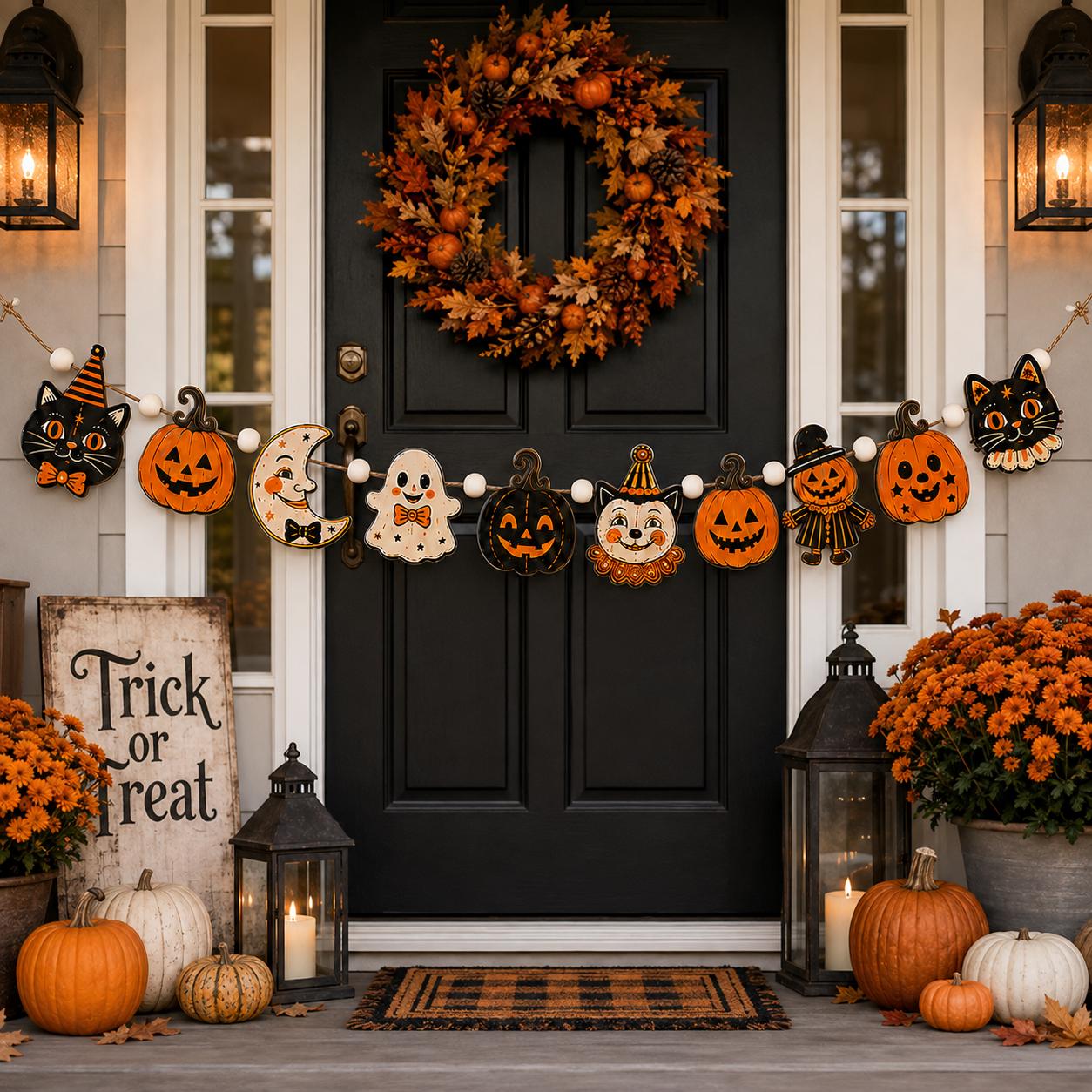 Retro Halloween Faces Wooden Garland with Black Cat Pumpkin Ghost Clown Scarecrow Banner for Vintage Spooky Mantel and Wall Hanging Home Decor - photo 3