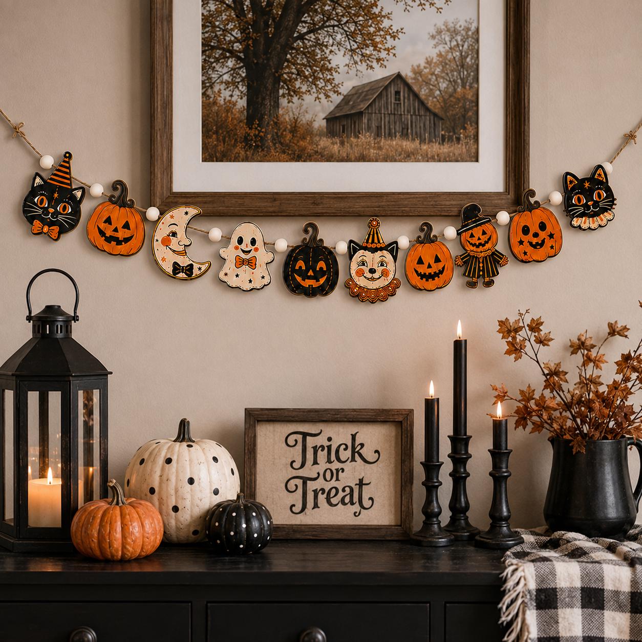 Retro Halloween Faces Wooden Garland with Black Cat Pumpkin Ghost Clown Scarecrow Banner for Vintage Spooky Mantel and Wall Hanging Home Decor - photo 4