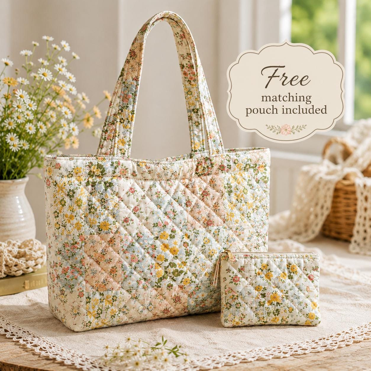 Floral Cottagecore Cotton Tote Shoulder Bag with Matching Pouch, Picnic Market Carryall and Handmade Style Gift For Her