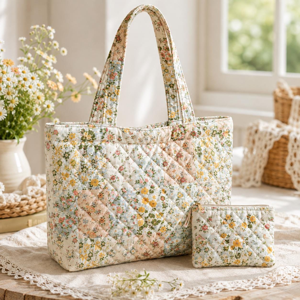 Floral Cottagecore Cotton Tote Shoulder Bag with Matching Pouch, Picnic Market Carryall and Handmade Style Gift For Her - photo 2